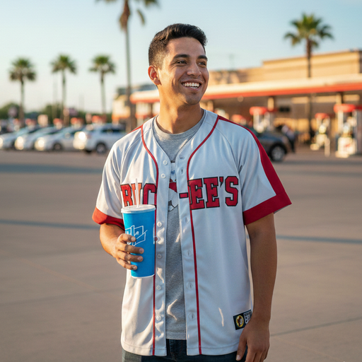 A medium shot of a smiling man standing in a sunlit parking lot, wearing a grey Buc-ee’s baseball jersey. The jersey features red lined short sleeves, thin red piping along the button-down front, and "BUC-EE'S" prominently displayed in red block lettering across the chest. He is holding a blue fountain drink cup in one hand. The background shows a blurred paved lot with palm trees and a building under a clear blue sky.