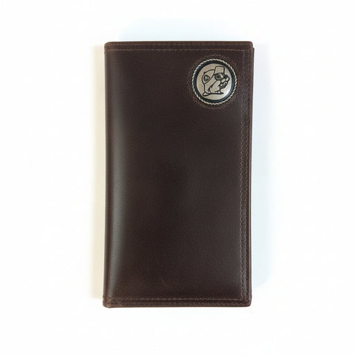 Buc-ee’s Men’s Genuine Leather Wallet in checkbook style featuring a metal Buc-ee’s concho emblem, displayed on a clean white background.
