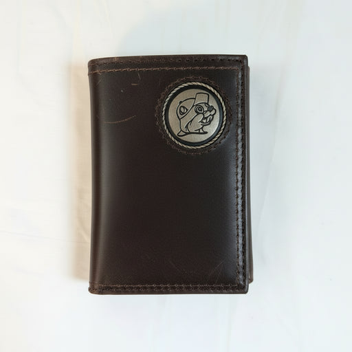 Brown leather Buc-ee's trifold wallet with silver Buc-ee the Beaver concho