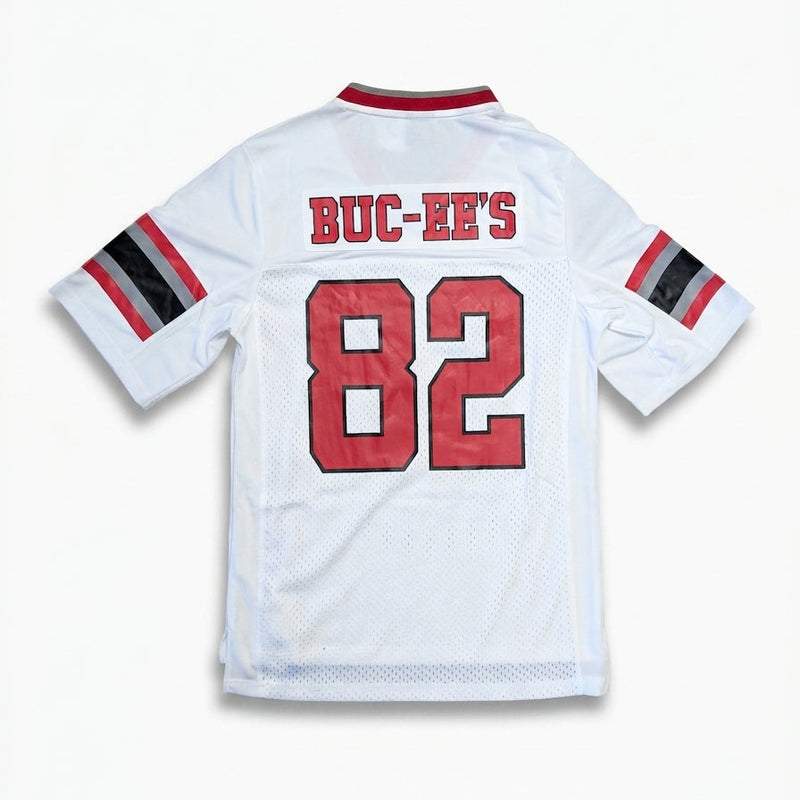 Back view of a white Buc-ee's football jersey showing "BUC-EE'S" and the number 82 printed in bold red block lettering across the back.