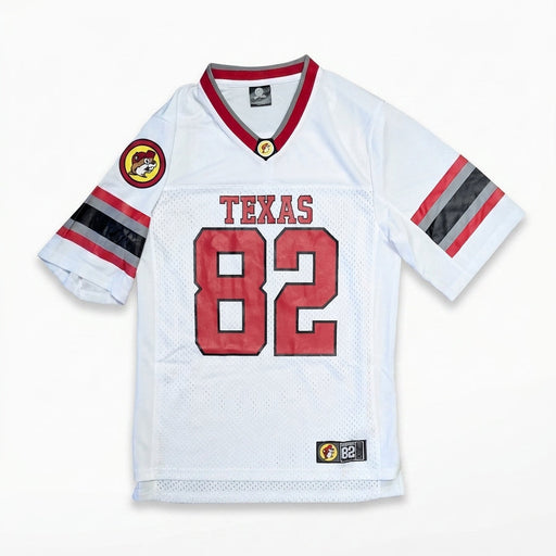 Front view of a white men's Buc-ee's football jersey with red and grey striped V-neck, "TEXAS 82" printed on the chest, and a Buc-ee's mascot sleeve patch.