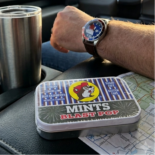 A lifestyle photo taken from inside a truck during a road trip, focusing on a rectangular tin of Buc-ee's Blast Pop Mints resting on a black leather center console next to a paper road map. In the background, a person's arm with a watch rests on the console, a stainless steel travel tumbler sits in the cup holder, and a green Buc-ee's highway sign is visible through the front windshield.