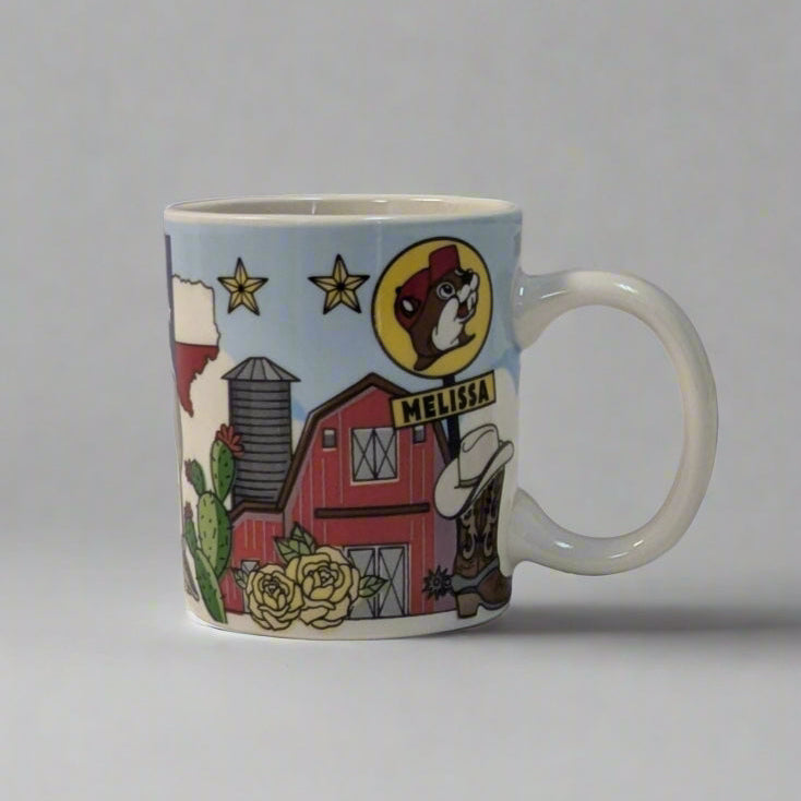 Buc-ee's Mug Shot Glass - Melissa Location has a barn with longhorn and Texas on it. 