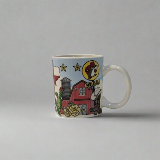 Buc-ee's Mug Shot Glass - Melissa Location has a barn with longhorn and Texas on it. 