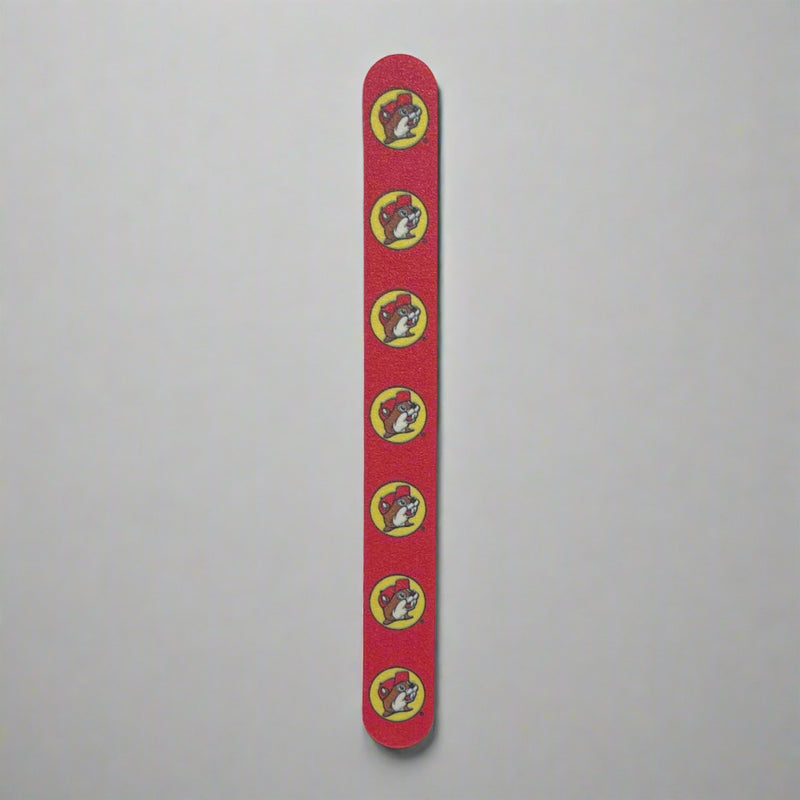 Buc-ee's Nail File. Red side with logo all down it.