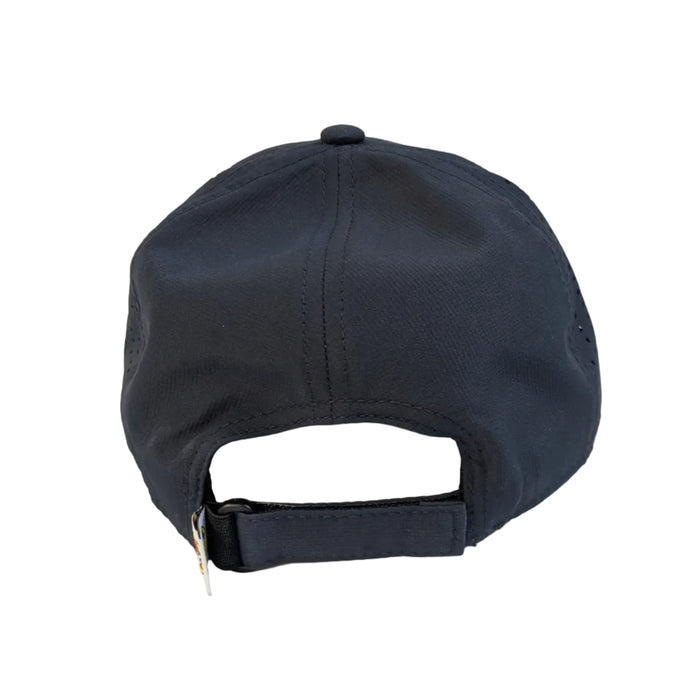 The back view of the navy blue performance cap, highlighting the solid back fabric construction and a navy blue adjustable hook-and-loop strap closure. A sliver of the colorful yellow Buc-ee's brand tag is visible on the inner rim.