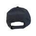 The back view of the navy blue performance cap, highlighting the solid back fabric construction and a navy blue adjustable hook-and-loop strap closure. A sliver of the colorful yellow Buc-ee's brand tag is visible on the inner rim.