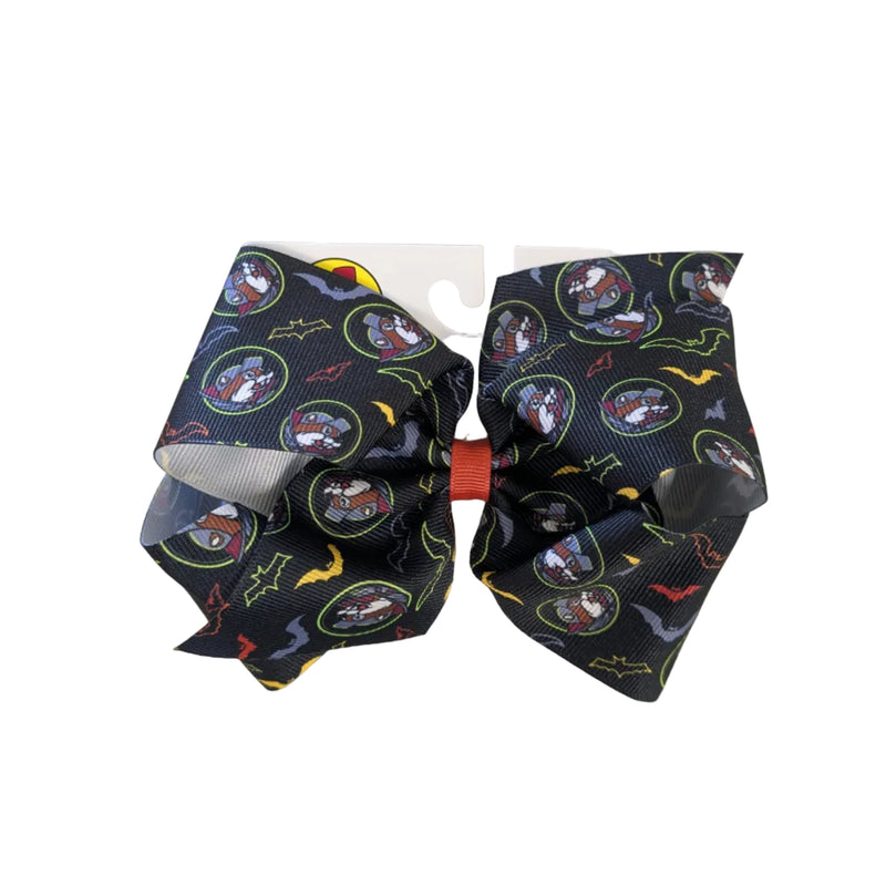 Large King Size black Buc-ee's Halloween hair bow with vampire beaver pattern and orange ribbon center knot.