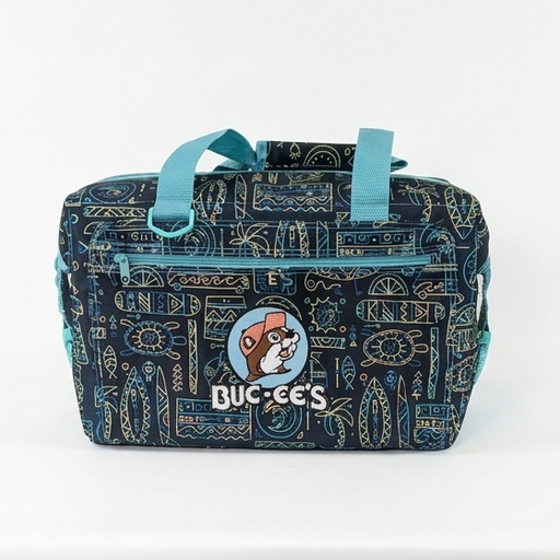 Buc-ee's Neon Tiki 24 Can Cooler front view.