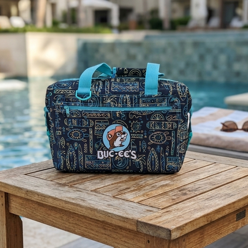 Buc-ee's Neon Tiki 24 Can Cooler by a pool.