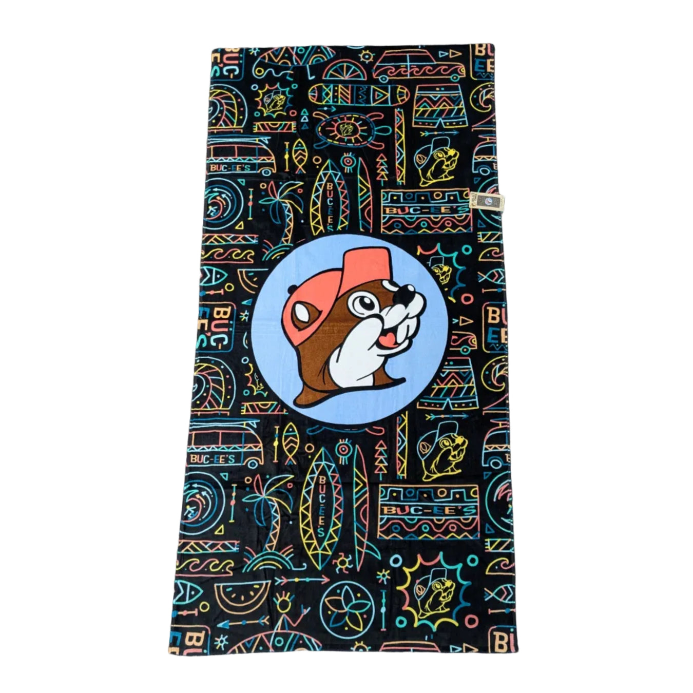 Black 2026 Neon Tiki beach towel with neon line art and a blue Buc-ee the Beaver circle logo