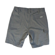Back view of a pair of grey Buc-ee’s Night Owl Fishing Cargo Shorts laid flat on a white surface. The image shows an elasticized waistband with belt loops, a single welt back pocket featuring a small white Buc-ee’s logo tab, and a side cargo pocket with a snap-button closure. The fabric has a smooth, matte finish.