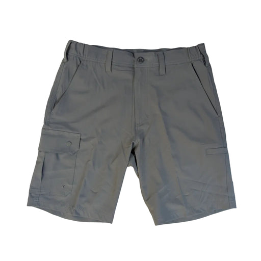 A front view of a pair of grey Buc-ee’s Night Owl Fishing Cargo Shorts laid flat against a white background. The shorts feature a button waist with belt loops, side pockets, a snap-closure cargo pocket on the right leg, and a specialized tool slot on the left leg.