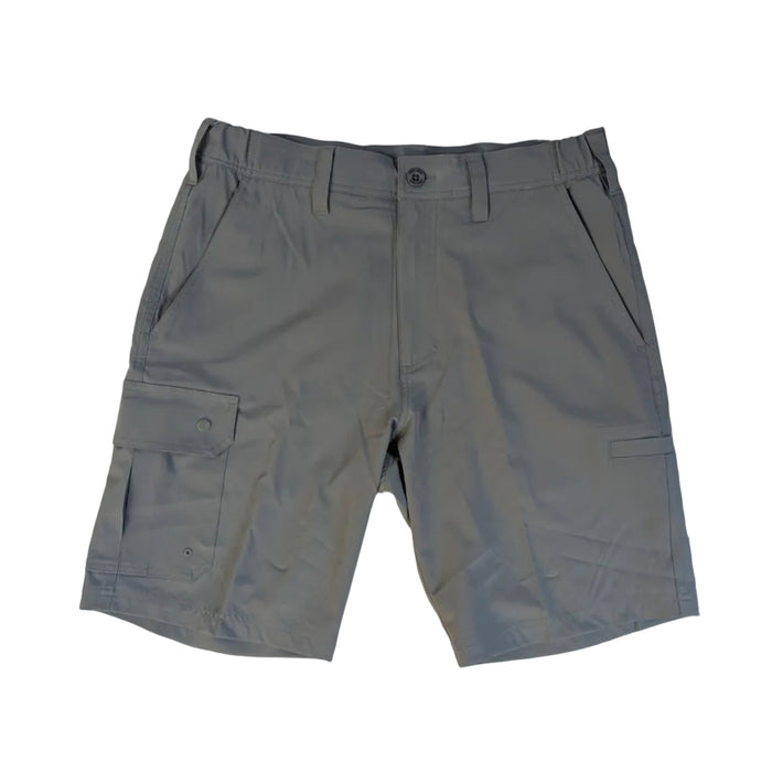 A front view of a pair of grey Buc-ee’s Night Owl Fishing Cargo Shorts laid flat against a white background. The shorts feature a button waist with belt loops, side pockets, a snap-closure cargo pocket on the right leg, and a specialized tool slot on the left leg.