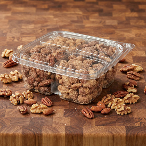 A clear plastic container filled with candied nuts, assorted and separated by section.