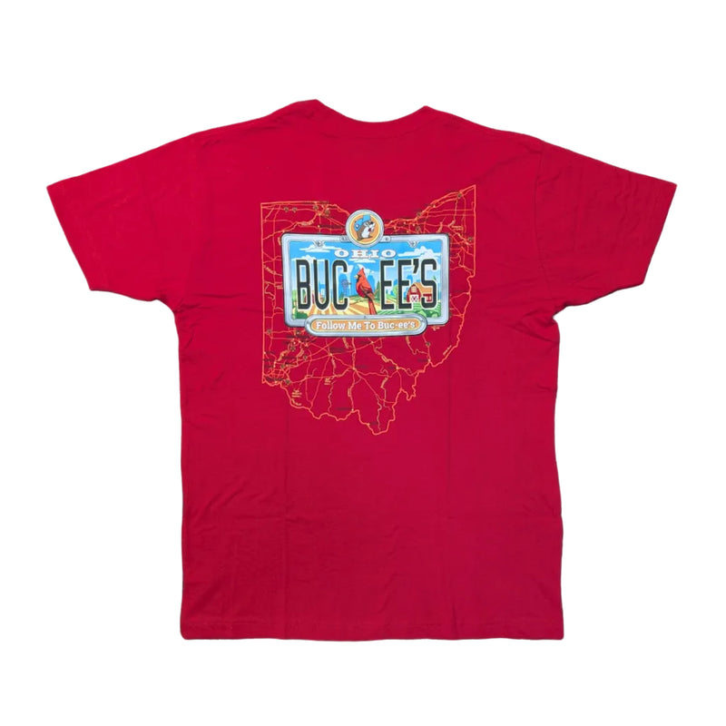 Back view of the Buc-ee's Ohio License Plate Red Shirt, a red t-shirt featuring a large graphic. An orange outline of the state of Ohio serves as the backdrop for a custom "OHIO" license plate that says "BUC-EE'S" with a cardinal and farm scene. A small banner below reads "Follow Me To Buc-ee's." Displayed on a clean white background.