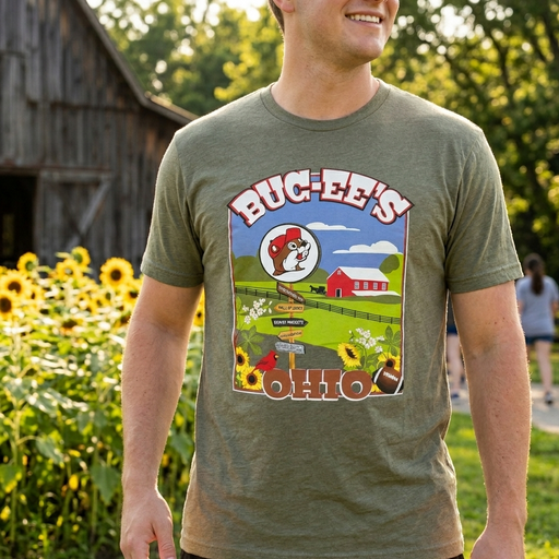 A lifestyle photograph shows a close-up of a person from the chest down, wearing a heather military green Buc-ee’s Ohio Signs Green t-shirt. The person is standing outdoors with a rustic wooden barn and a field of bright sunflowers in the blurred background. The shirt features a large, colorful illustration of an Ohio farm scene, a red barn, a cardinal, and a signpost pointing to Buc-ee's staples like "Wall of Jerky" and "Beaver Nuggets." The lighting is warm and natural, suggesting a sunny afternoon.
