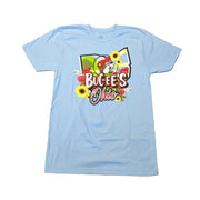 A front view of a Buc-ee's Ohio State Light Blue unisex t-shirt featuring a detailed, colorful graphic in the center, laid flat on a white background. The graphic is a large, central map of the state of Ohio with a prominent red barn, rolling green hills, a cardinal (state bird), sunflowers, and red roses framing it. Inside the map is a drawing of the Buc-ee's beaver mascot in a red cap. Overlaid in white and black text is "BUC-EE'S" above "Ohio" in a red script. 