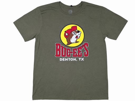 Buc-ee's Olive Green Location Shirt Denton, TX white background.