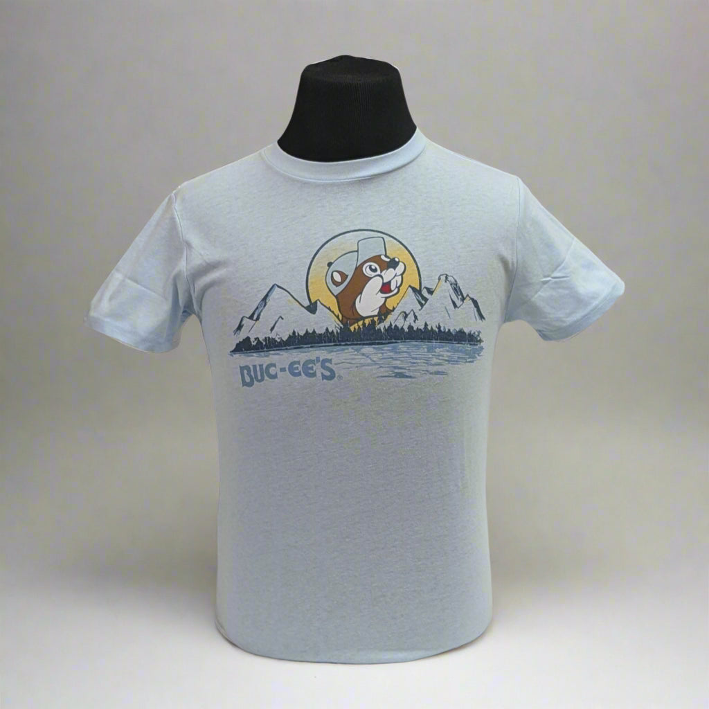 Buc-ee's "On My Mind" Mountain Shirt. Light blue shirt with Buc-ee's logo in a mountain like theme.