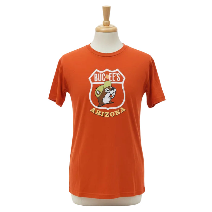Orange t-shirt with 'Buc-ee's Arizona' logo on a mannequin against a white background