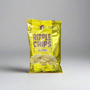 A yellow bag of Buc-ee’s Original Ripple Chips with ripple-cut potato chips shown on the packaging.