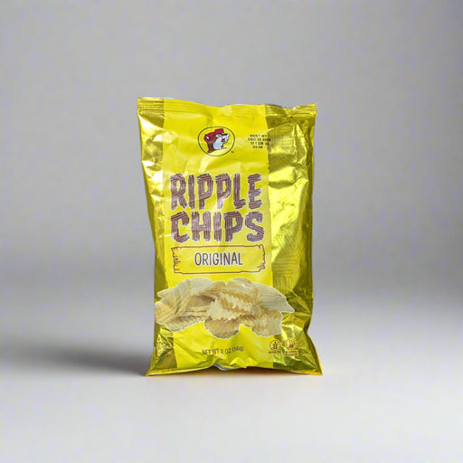 A yellow bag of Buc-ee’s Original Ripple Chips with ripple-cut potato chips shown on the packaging.