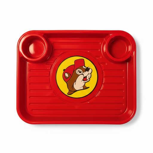 A top-down, professional product shot of the Buc-ee’s Red Party Platter isolated on a solid white background. The rectangular red tray features a large yellow circle in the center containing the iconic Buc-ee's beaver mascot wearing a red hat. The tray includes two circular recessed wells in the upper corners for dips or drinks and a main serving area with a horizontal ribbed texture. A soft shadow is cast to the right, providing a sense of depth against the clean white surface.