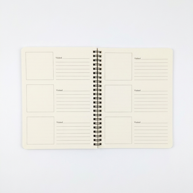 An open view of the Buc-ee's Passport Book interior. The cream-colored pages feature blank square frames for photos or stickers next to lined sections for "Visited" location details and notes. Displayed on a clean white background.