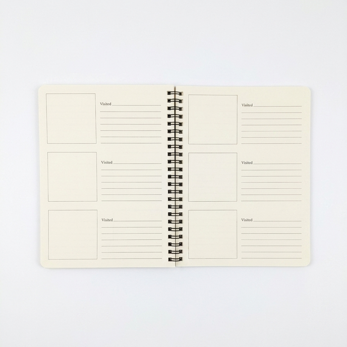 An open view of the Buc-ee's Passport Book interior. The cream-colored pages feature blank square frames for photos or stickers next to lined sections for "Visited" location details and notes. Displayed on a clean white background.