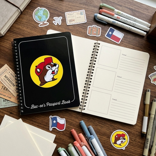 An overhead photograph of a dark wood desk featuring a closed and an open Buc-ee’s Passport Book. The open book displays "Visited" sections. Surrounding the books are pastel "Mildliner" markers, black pens, and a small brass sharpener. The scene is decorated with Texas flags, globe, and airplane stickers, along with a vintage-style ticket stub. The natural light creates a warm, creative atmosphere.