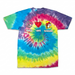 A colorful rainbow spiral tie-dye short-sleeve t-shirt laid flat against a white background, featuring three graphic icons across the chest: a peace sign, a red heart, and a yellow silhouette of Alabama with the Buc-ee's beaver mascot.