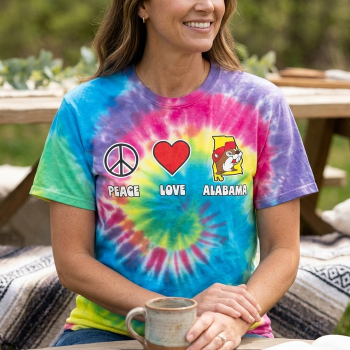 A photograph of a woman smiling and wearing a Buc-ee's Peace Love Alabama Tie Dye shirt, featuring three chest graphics and text. From left to right: a black outline of a peace sign above the word "PEACE", a red heart above the word "LOVE", and a yellow outline of Alabama featuring the Buc-ee's beaver above the word "ALABAMA". The text is in white with a bold black outline. The woman holds a brown mug at an outdoor picnic table with a blurred background.