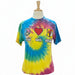 Tie-dye t-shirt with peace, love, and art designs on a mannequin in a store setting.