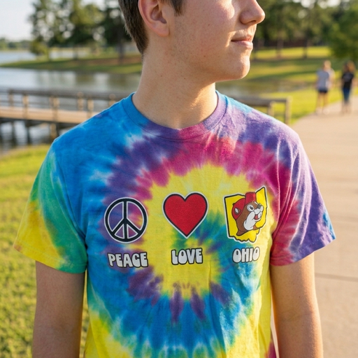 A lifestyle photograph of a person from the chest up, wearing a vibrant multi-color spiral tie-dye Buc-ee’s t-shirt. The person is looking off to the side with a slight smile, standing on a paved path with a park and lake in the background. The shirt features three bold graphics: a peace sign above the word "PEACE," a red heart above "LOVE," and the Buc-ee's mascot inside a yellow Ohio state outline above "OHIO." The afternoon sunlight highlights the bright blue, yellow, and pink patterns of the tie-dye.