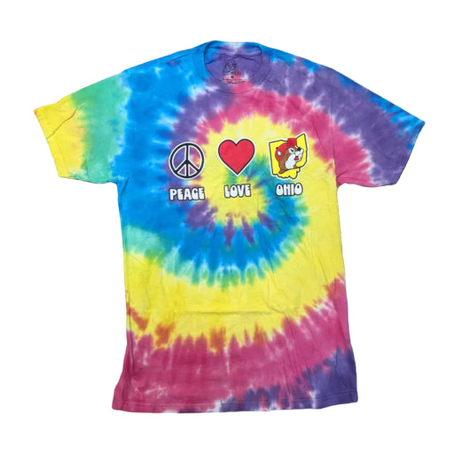 A front view of a vibrant multi-color spiral tie-dye t-shirt featuring shades of blue, green, yellow, pink, and purple, laid flat on a white background. Printed across the chest are three white circular icons with black outlines: a peace symbol above the word "PEACE", a red heart above "LOVE", and the Buc-ee's beaver mascot wearing a red hat inside a yellow outline of the state of Ohio above "OHIO". A small black collar tag is visible at the neck.