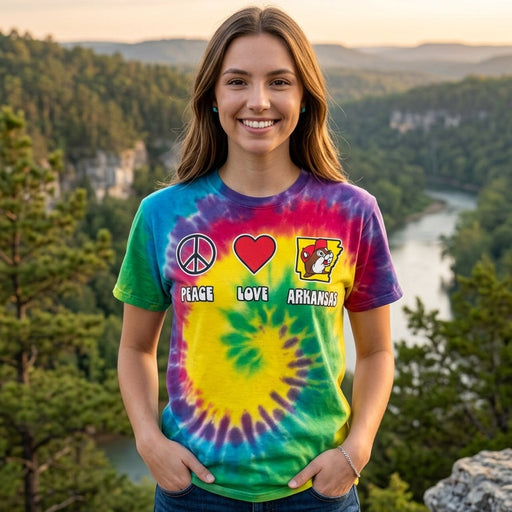 A smiling young woman stands outdoors on a rocky overlook with a forested river valley and mountains in the background, wearing a bright tie-dye short-sleeve T-shirt with a peace symbol, heart, and Arkansas state graphic reading 'PEACE LOVE ARKANSAS'.