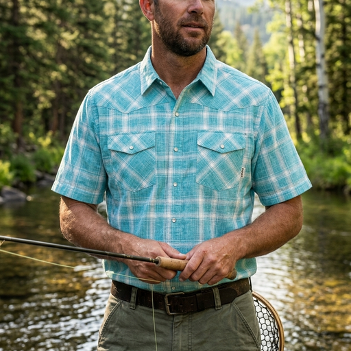 A front-view lifestyle product photo of a man wearing the Buc-ee's Plaid Glacier Performance Fishing Shirt while fly fishing in a scenic river. The turquoise and white plaid shirt is shown with its western-style yoked shoulders, pearl-snap buttons, and dual chest pockets with snap flaps. The man is holding a fishing rod, standing in the water with a background of lush green trees and a flowing stream.