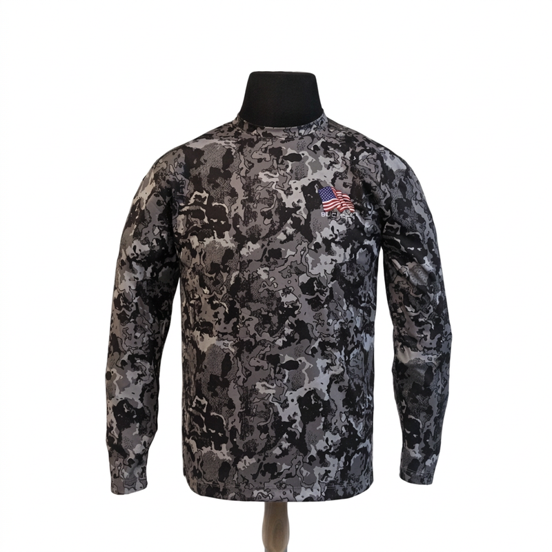 Buc-ee’s performance long sleeve shirt in gray and black camo with a waving American flag logo on the left chest, front view