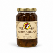 17 oz jar of Buc-ee's Pineapple Jalapeño Jelly, front label on white