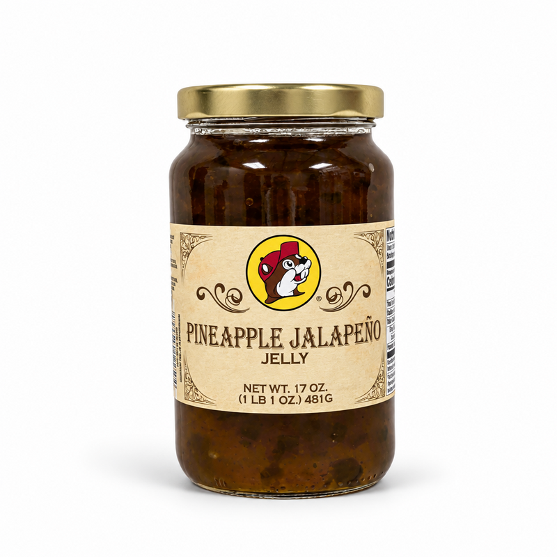 17 oz jar of Buc-ee's Pineapple Jalapeño Jelly, front label on white