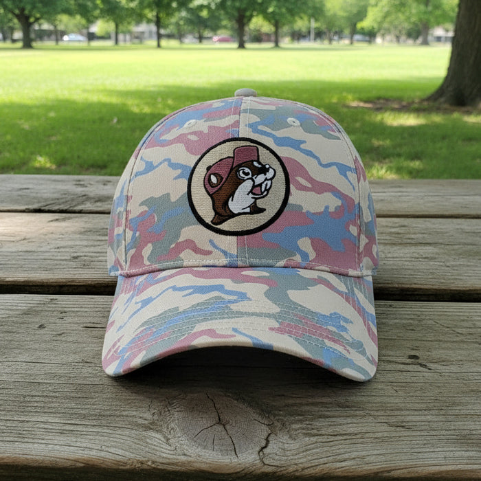 Pink camouflage Buc-ee’s baseball cap with the embroidered Buc-ee’s beaver logo on the front.