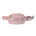 A top-down product photograph of the back of the pink Buc-ee's belt bag. This side features an exterior zippered pocket with a gold-tone zipper pull, and the adjustable woven strap is neatly threaded through two fabric loops on the back panels.