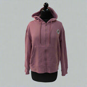 Buc-ee’s Pink Full Zip Fleece Hoodie on a mannequin, featuring full zipper, kangaroo pockets, and Buc-ee’s logo patch on the chest.