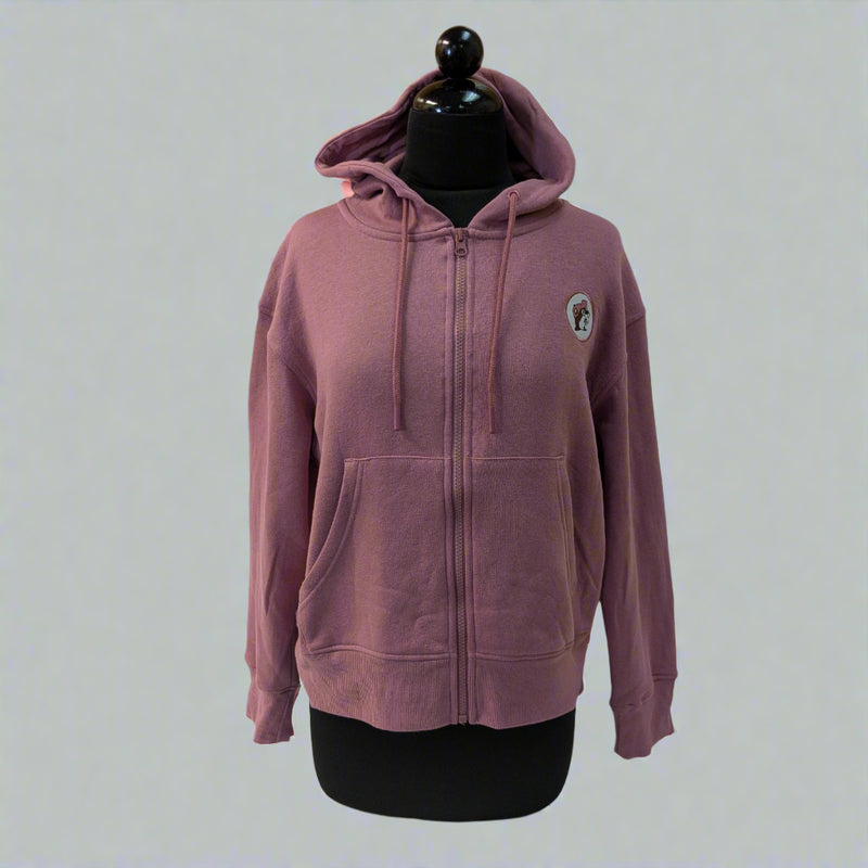 Buc-ee’s Pink Full Zip Fleece Hoodie on a mannequin, featuring full zipper, kangaroo pockets, and Buc-ee’s logo patch on the chest.