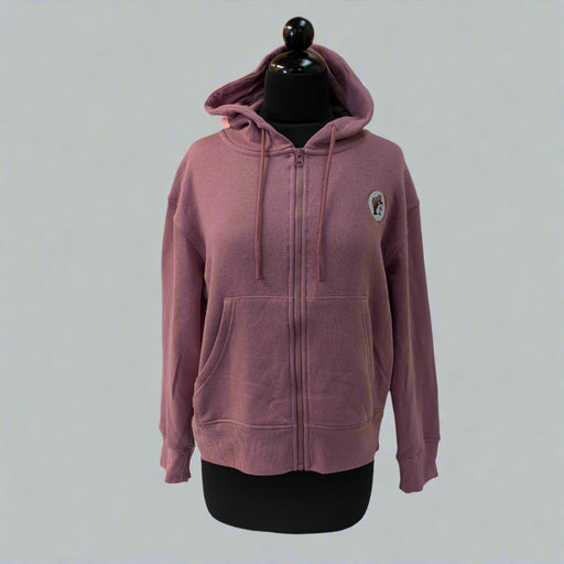 Buc-ee’s Pink Full Zip Fleece Hoodie on a mannequin, featuring full zipper, kangaroo pockets, and Buc-ee’s logo patch on the chest.