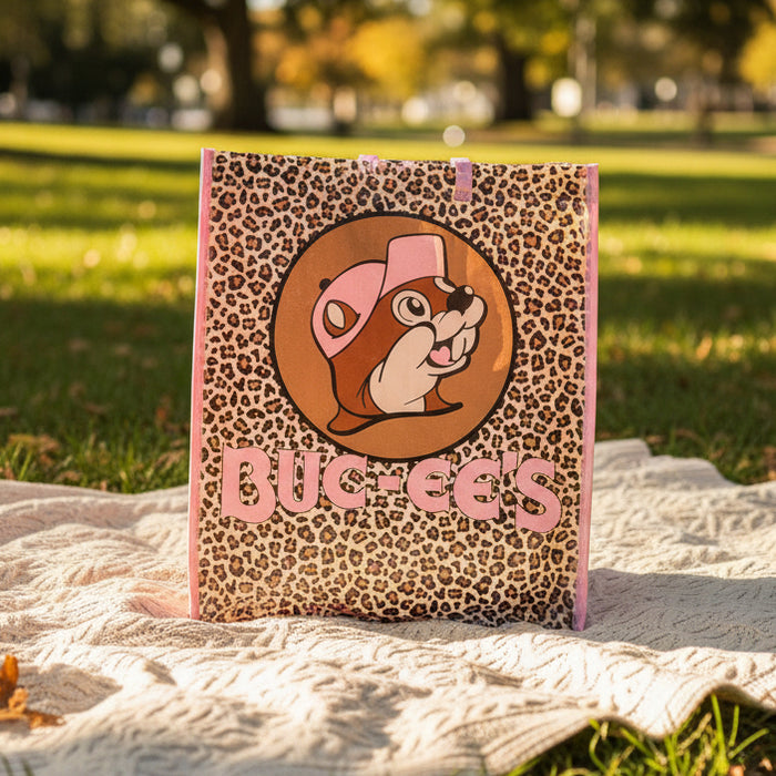 Front view of a Buc-ee’s tote bag featuring a pink leopard print background, Buc-ee’s beaver mascot in a circle, and pink Buc-ee’s logo, displayed on a blanket in the park.