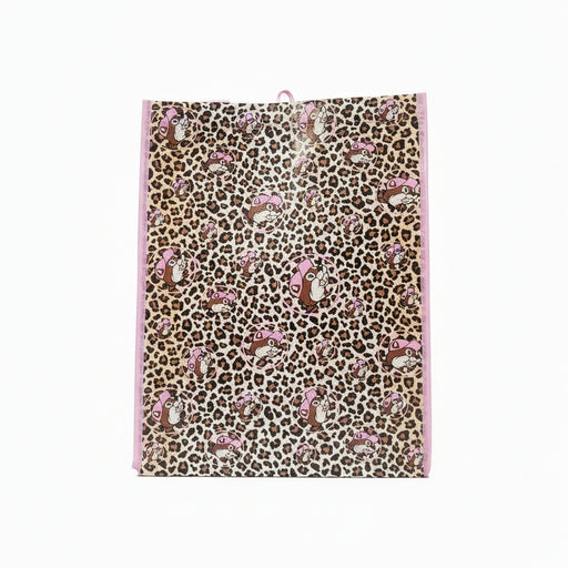 Back side of a Buc-ee’s Pink Leopard Tote Bag featuring an all-over pink and brown leopard print pattern with repeating images of Buc-ee’s beaver mascot wearing a pink hat, bordered with pink trim, displayed on a clean white background.