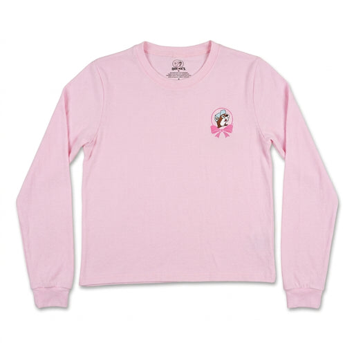 Buc-ee's adult light pink long sleeve lounge shirt laid flat featuring the Buc-ee's beaver logo in a pink bow graphic on the chest.