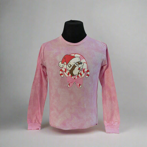 Buc-ee’s Pink Long Sleeve Novelty Tee with Santa hat Buc-ee and candy cane bow design.